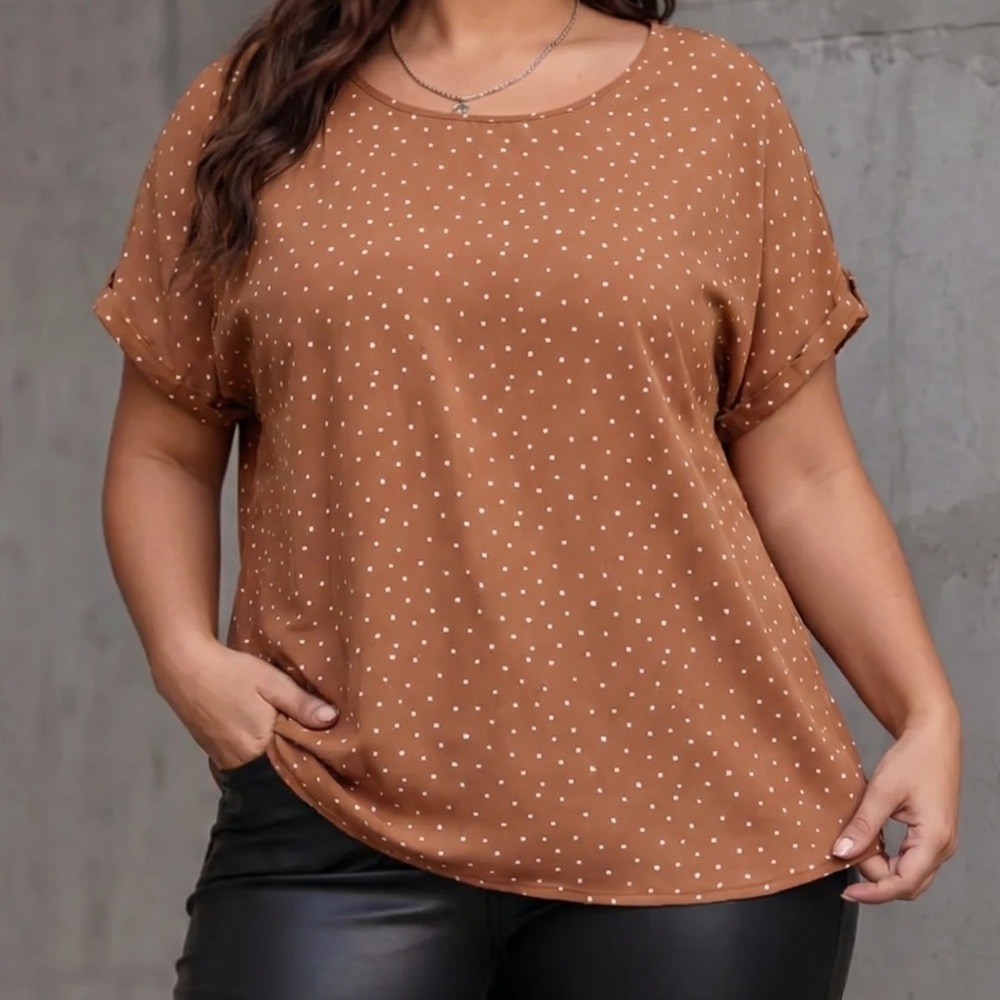 Maurices Brown Polka Dot Short Sleeve Blouse XXL Back Zip Button Tab Relaxed Fit